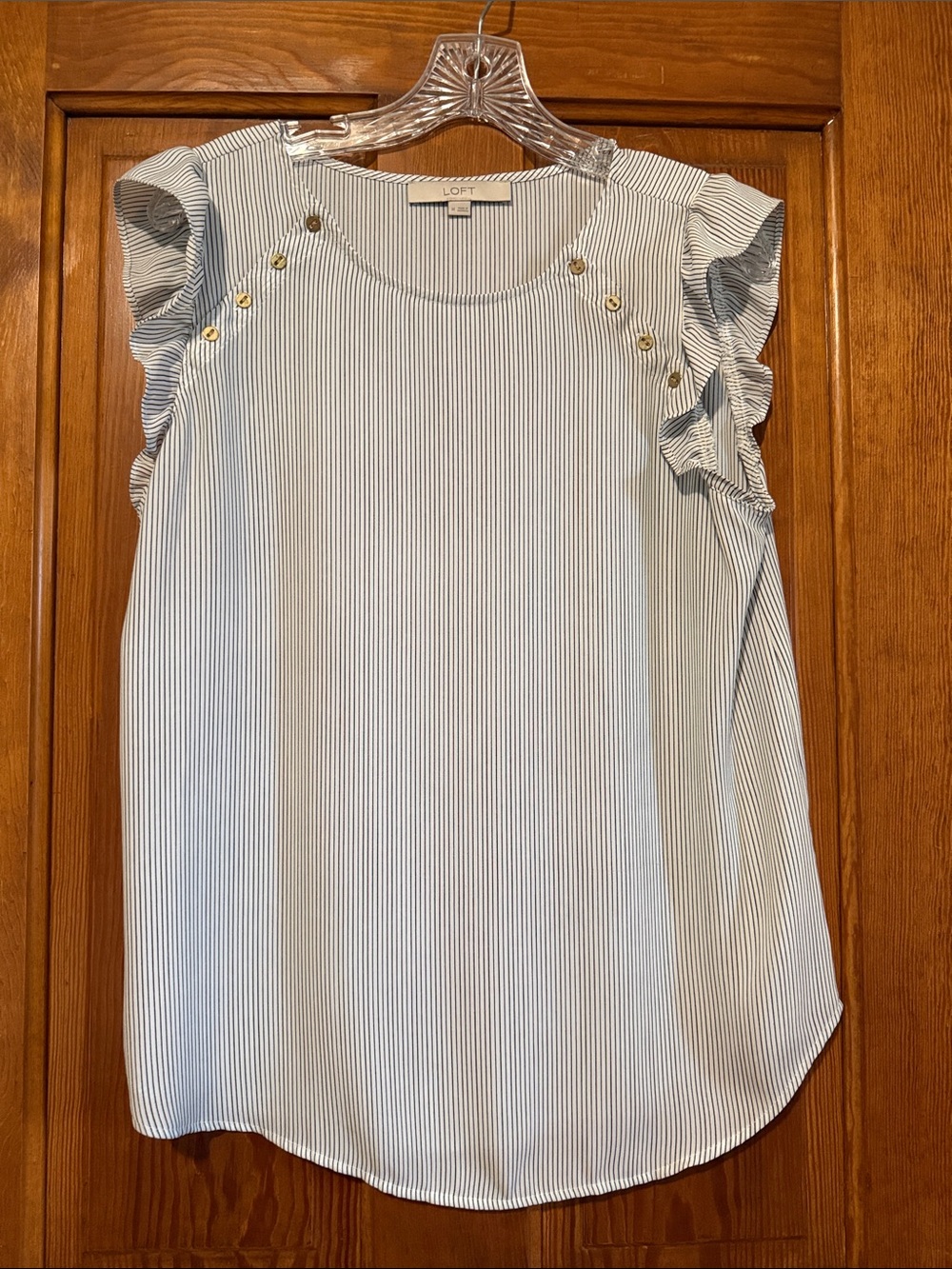 LOFT Black and White Pinstripe Ruffle-Sleeve Shell with Gold Buttons